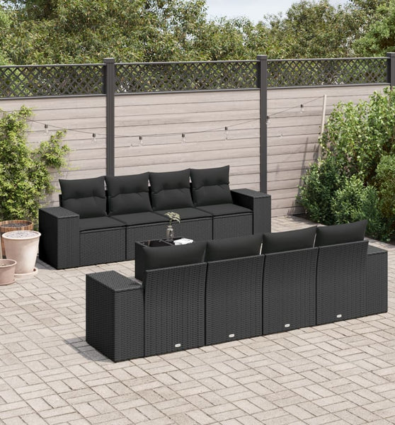 9-tlg. Garten-Sofagarnitur mit Kissen Schwarz Poly Rattan