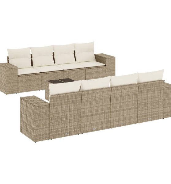 9-tlg. Garten-Sofagarnitur mit Kissen Beige Poly Rattan