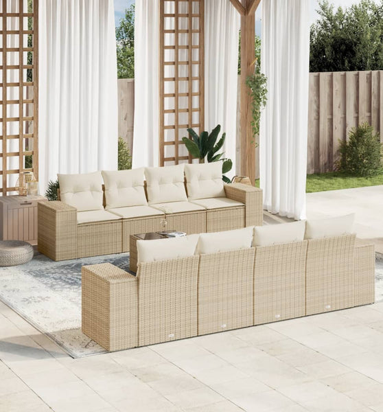 9-tlg. Garten-Sofagarnitur mit Kissen Beige Poly Rattan