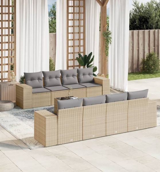 9-tlg. Garten-Sofagarnitur mit Kissen Beige Poly Rattan