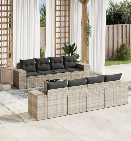 9-tlg. Garten-Sofagarnitur mit Kissen Hellgrau Poly Rattan