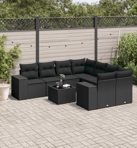 9-tlg. Garten-Sofagarnitur mit Kissen Schwarz Poly Rattan