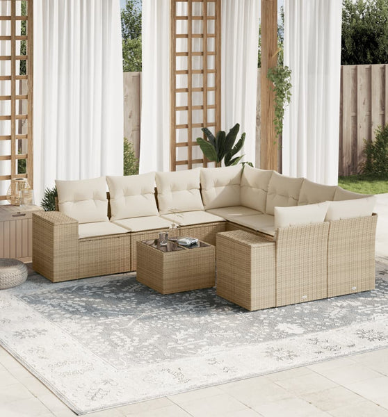 9-tlg. Garten-Sofagarnitur mit Kissen Beige Poly Rattan