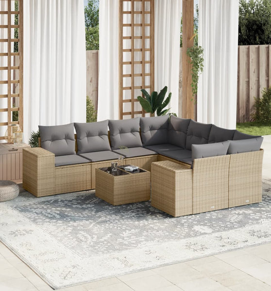 9-tlg. Garten-Sofagarnitur mit Kissen Beige Poly Rattan