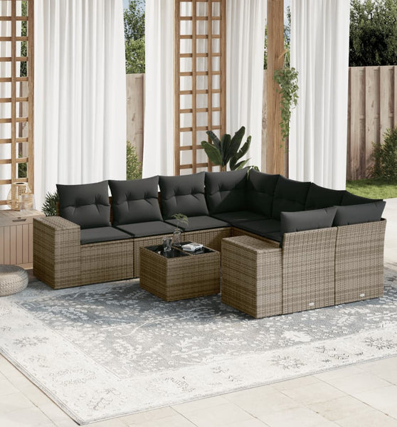 9-tlg. Garten-Sofagarnitur mit Kissen Grau Poly Rattan