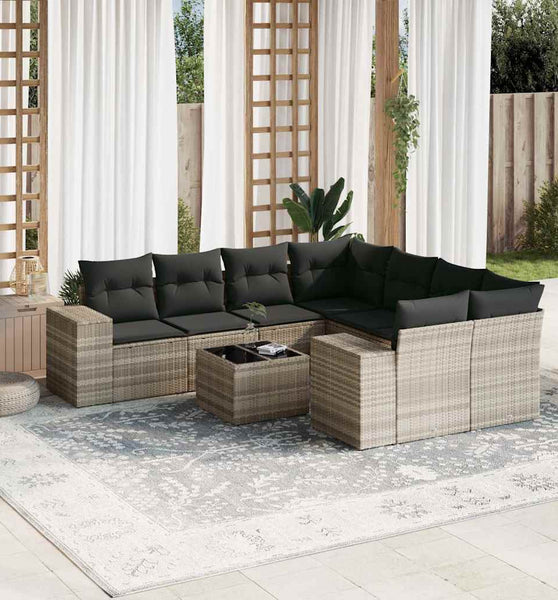 9-tlg. Garten-Sofagarnitur mit Kissen Hellgrau Poly Rattan