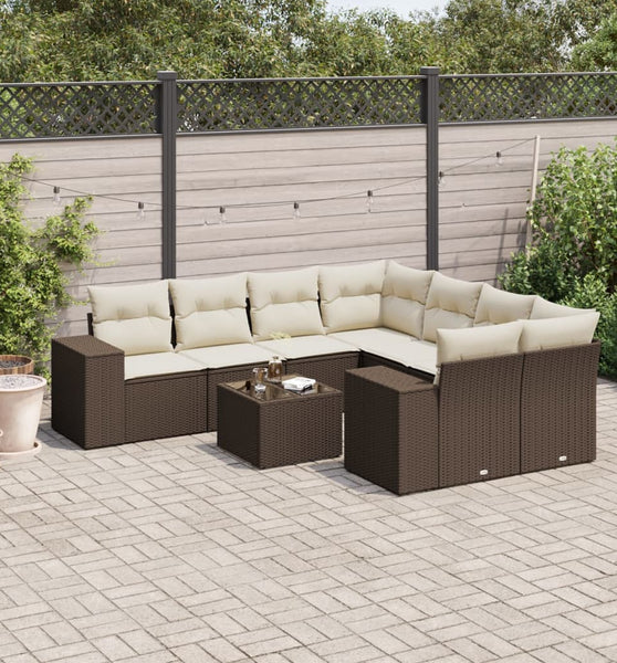 9-tlg. Garten-Sofagarnitur mit Kissen Braun Poly Rattan