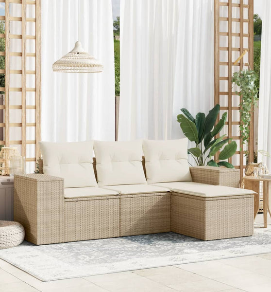 4-tlg. Garten-Sofagarnitur mit Kissen Beige Poly Rattan