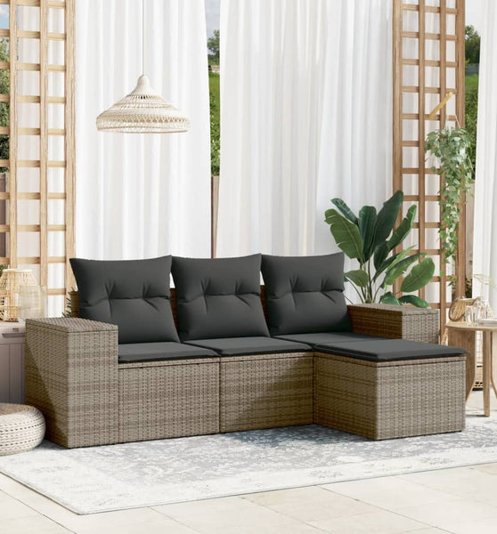 4-tlg. Garten-Sofagarnitur mit Kissen Grau Poly Rattan