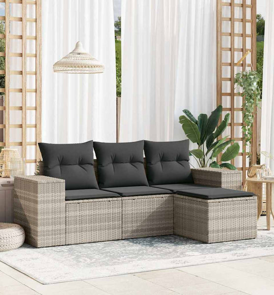 4-tlg. Garten-Sofagarnitur mit Kissen Hellgrau Poly Rattan