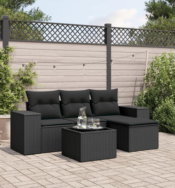 5-tlg. Garten-Sofagarnitur mit Kissen Schwarz Poly Rattan