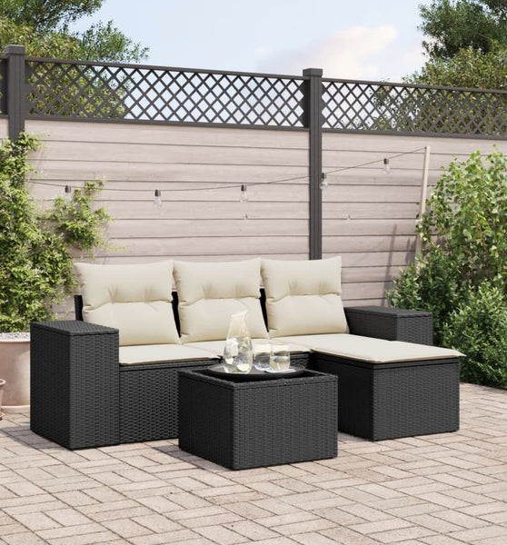 5-tlg. Garten-Sofagarnitur mit Kissen Schwarz Poly Rattan