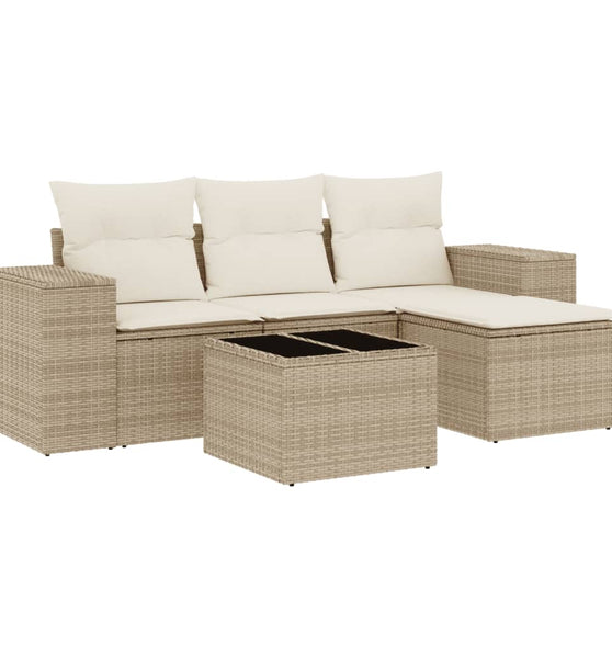 5-tlg. Garten-Sofagarnitur mit Kissen Beige Poly Rattan