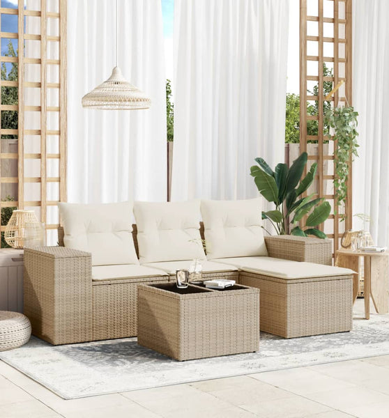 5-tlg. Garten-Sofagarnitur mit Kissen Beige Poly Rattan