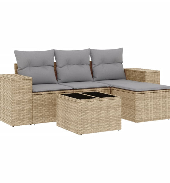 5-tlg. Garten-Sofagarnitur mit Kissen Beige Poly Rattan