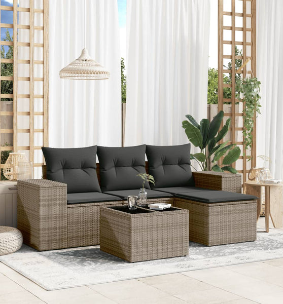 5-tlg. Garten-Sofagarnitur mit Kissen Grau Poly Rattan