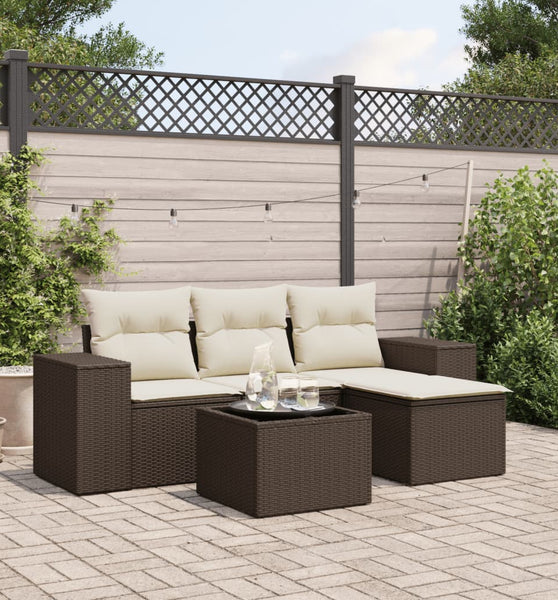 5-tlg. Garten-Sofagarnitur mit Kissen Braun Poly Rattan