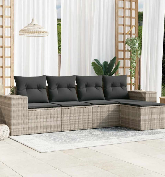 5-tlg. Garten-Sofagarnitur mit Kissen Hellgrau Poly Rattan