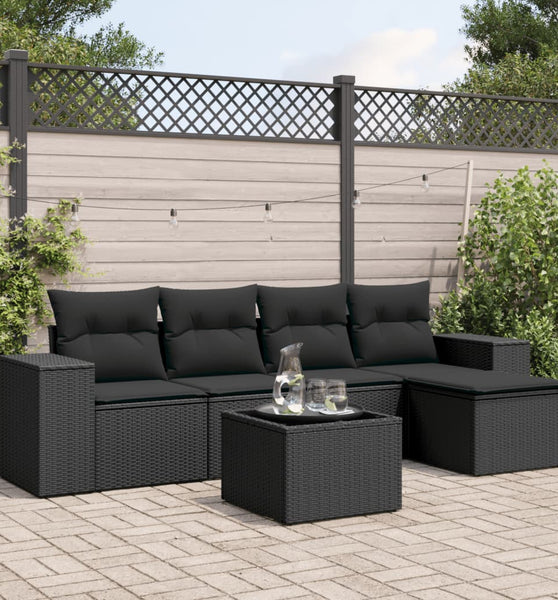 6-tlg. Garten-Sofagarnitur mit Kissen Schwarz Poly Rattan