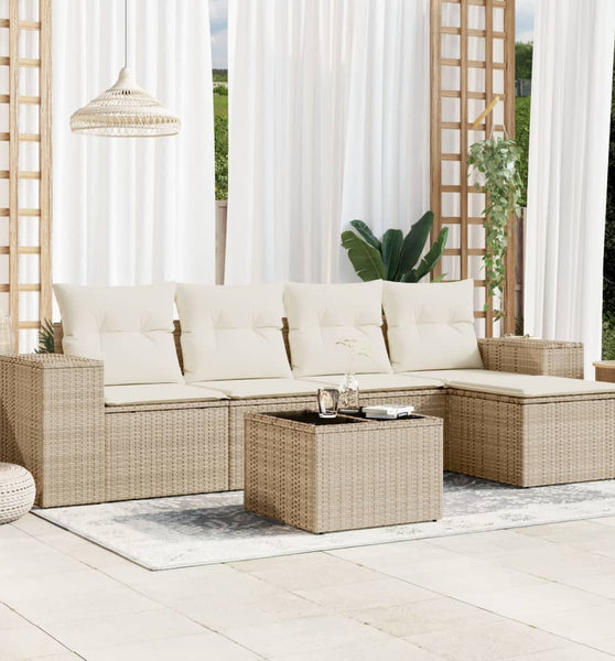 6-tlg. Garten-Sofagarnitur mit Kissen Beige Poly Rattan