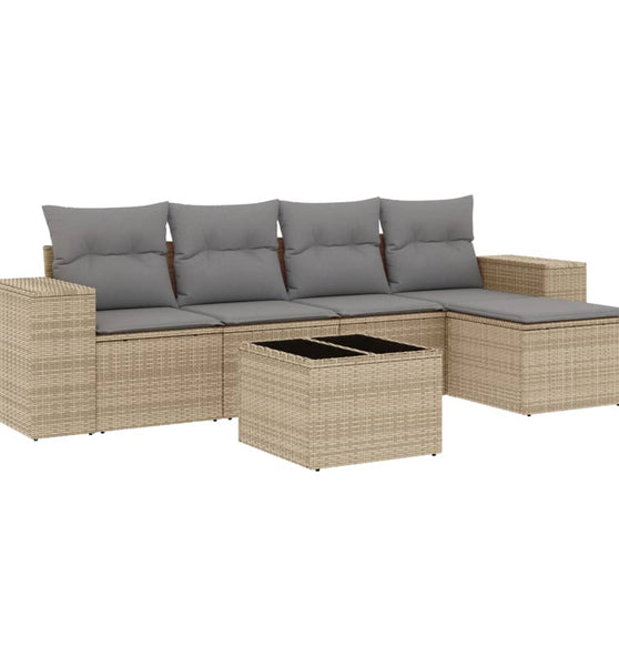 6-tlg. Garten-Sofagarnitur mit Kissen Beige Poly Rattan