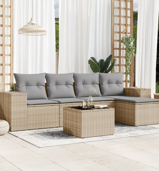 6-tlg. Garten-Sofagarnitur mit Kissen Beige Poly Rattan