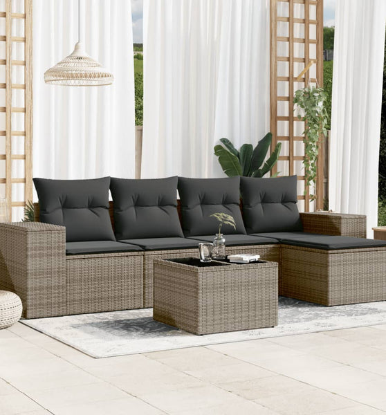 6-tlg. Garten-Sofagarnitur mit Kissen Grau Poly Rattan