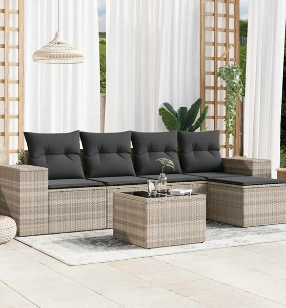 6-tlg. Garten-Sofagarnitur mit Kissen Hellgrau Poly Rattan