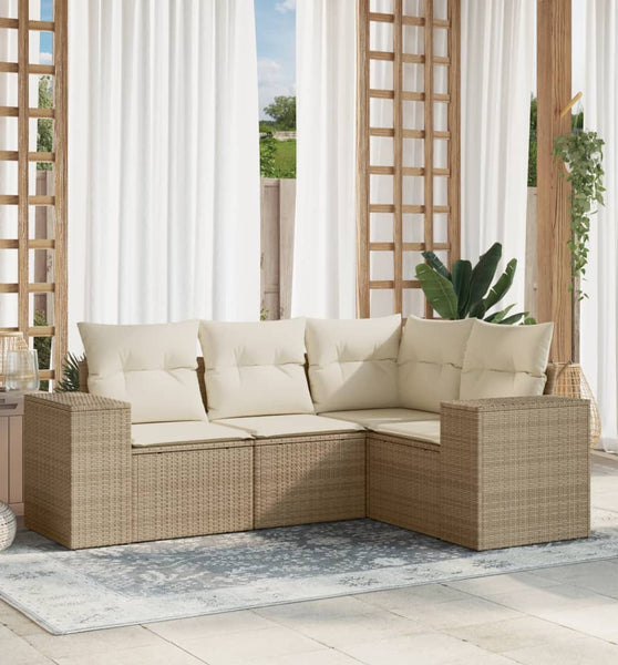 4-tlg. Garten-Sofagarnitur mit Kissen Beige Poly Rattan