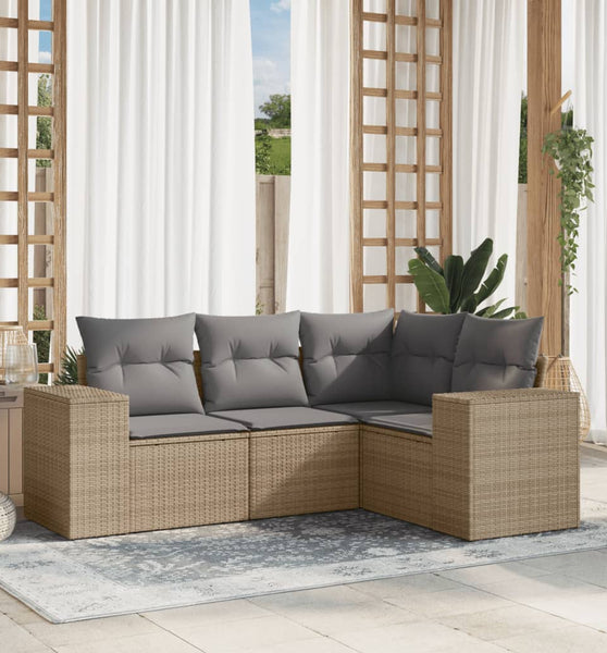 4-tlg. Garten-Sofagarnitur mit Kissen Beige Poly Rattan