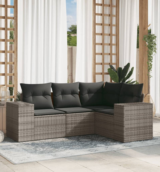 4-tlg. Garten-Sofagarnitur mit Kissen Grau Poly Rattan