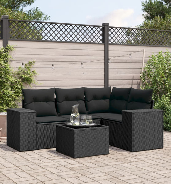 5-tlg. Garten-Sofagarnitur mit Kissen Schwarz Poly Rattan