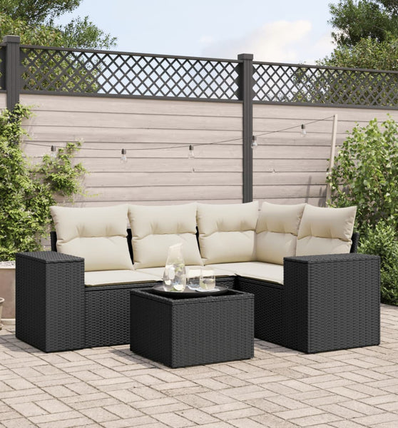 5-tlg. Garten-Sofagarnitur mit Kissen Schwarz Poly Rattan