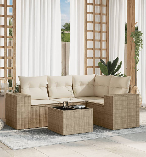 5-tlg. Garten-Sofagarnitur mit Kissen Beige Poly Rattan