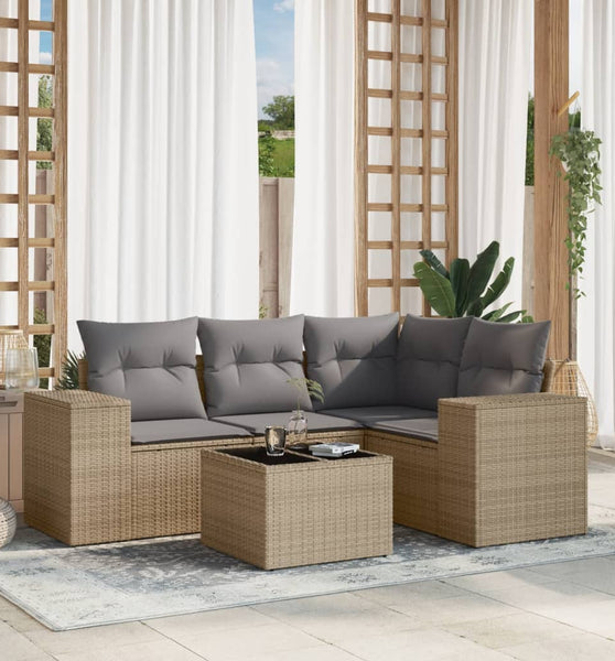 5-tlg. Garten-Sofagarnitur mit Kissen Beige Poly Rattan