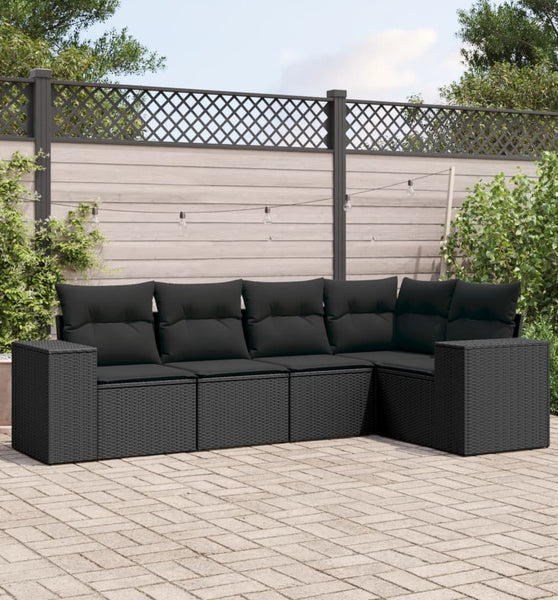5-tlg. Garten-Sofagarnitur mit Kissen Schwarz Poly Rattan