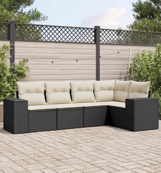 5-tlg. Garten-Sofagarnitur mit Kissen Schwarz Poly Rattan