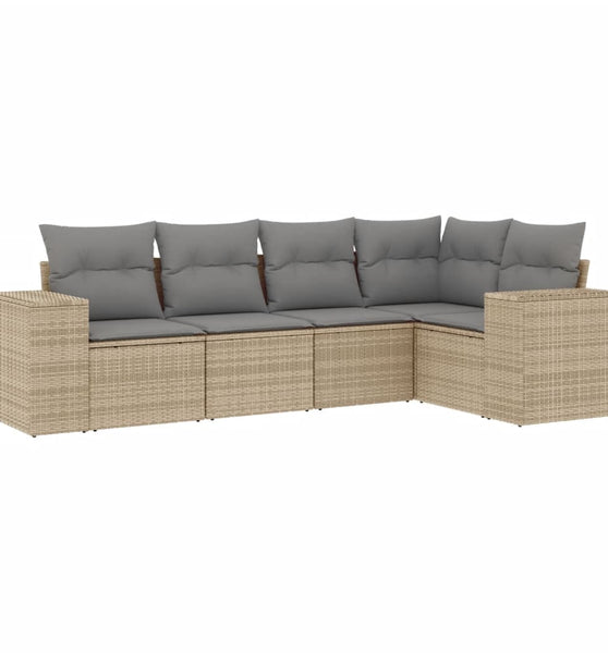 5-tlg. Garten-Sofagarnitur mit Kissen Beige Poly Rattan