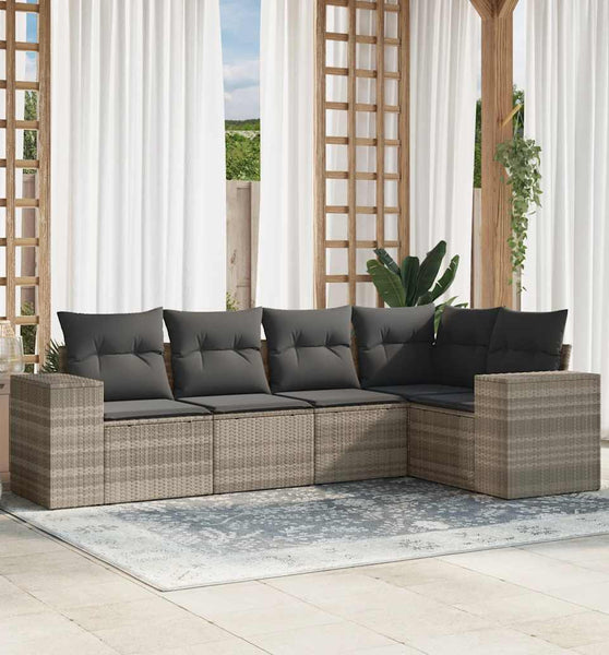 5-tlg. Garten-Sofagarnitur mit Kissen Hellgrau Poly Rattan