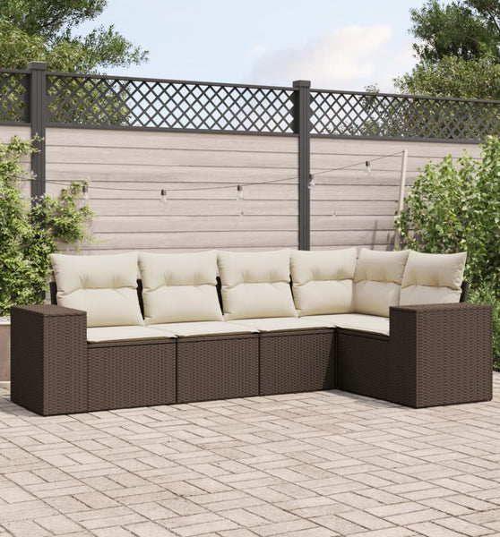 5-tlg. Garten-Sofagarnitur mit Kissen Braun Poly Rattan