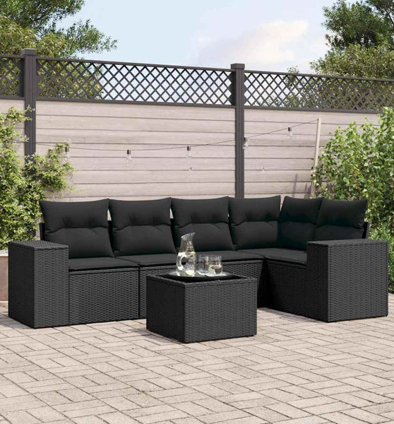 6-tlg. Garten-Sofagarnitur mit Kissen Schwarz Poly Rattan