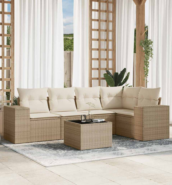 6-tlg. Garten-Sofagarnitur mit Kissen Beige Poly Rattan