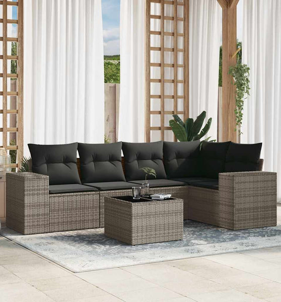 6-tlg. Garten-Sofagarnitur mit Kissen Grau Poly Rattan