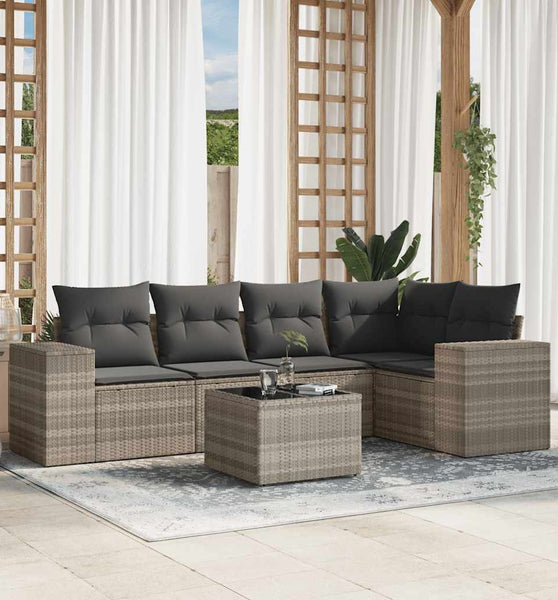 6-tlg. Garten-Sofagarnitur mit Kissen Hellgrau Poly Rattan