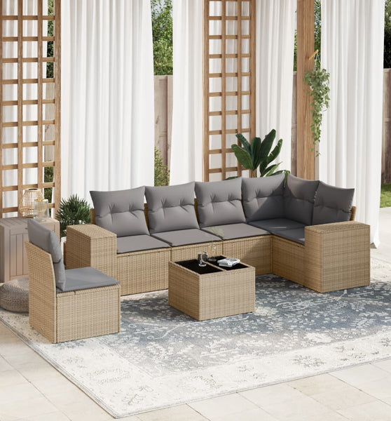 7-tlg. Garten-Sofagarnitur mit Kissen Beige Poly Rattan