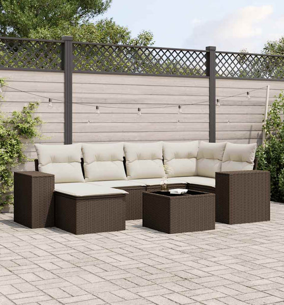 7-tlg. Garten-Sofagarnitur mit Kissen Braun Poly Rattan