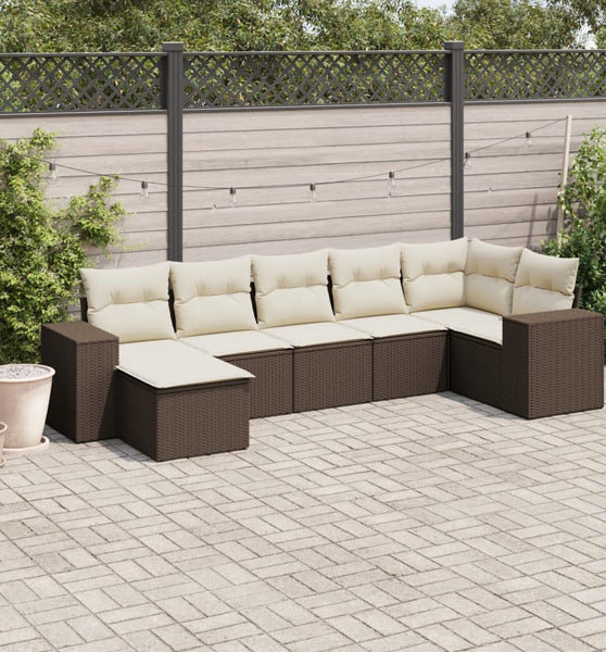 7-tlg. Garten-Sofagarnitur mit Kissen Braun Poly Rattan