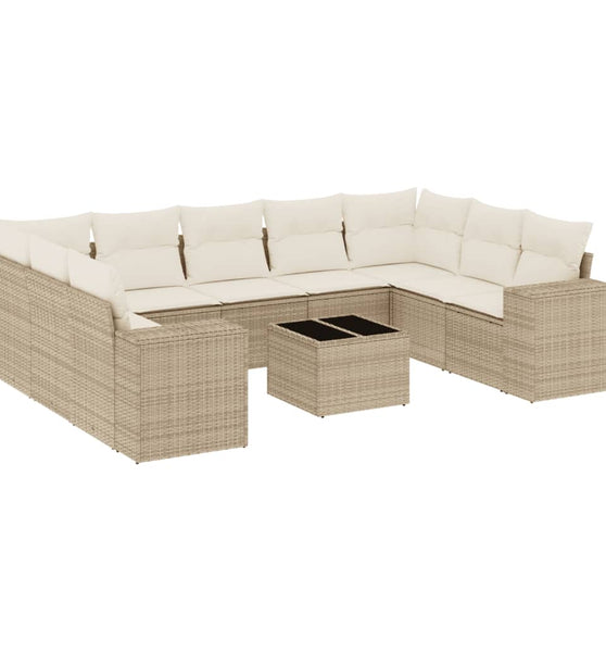 10-tlg. Garten-Sofagarnitur mit Kissen Beige Poly Rattan