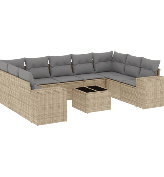 10-tlg. Garten-Sofagarnitur mit Kissen Beige Poly Rattan