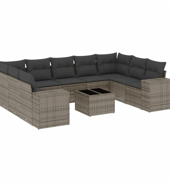 10-tlg. Garten-Sofagarnitur mit Kissen Grau Poly Rattan